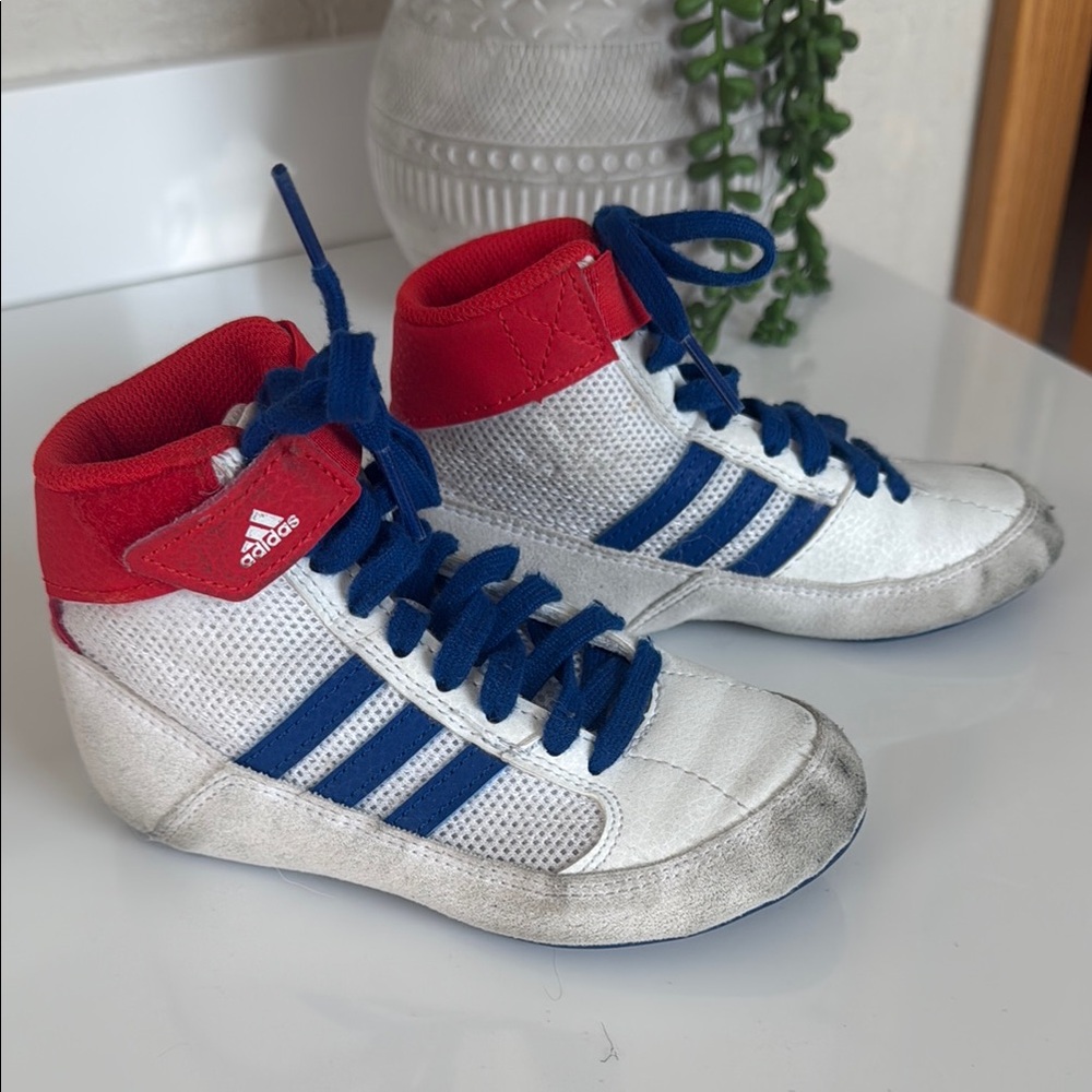 Adidas Kids High-Top Sneakers - White, Blue, and Red